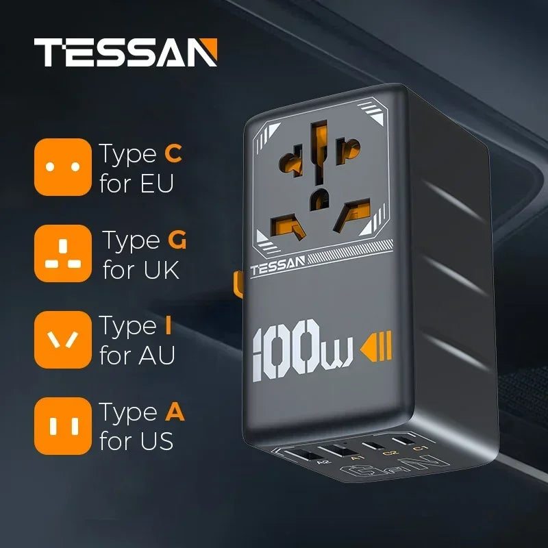 TESSAN 65W GaN International Plug Travel Adapter with USB Type C Worldwide Universal Power Adapter EU/UK/USA/AUS Plug for Travel
