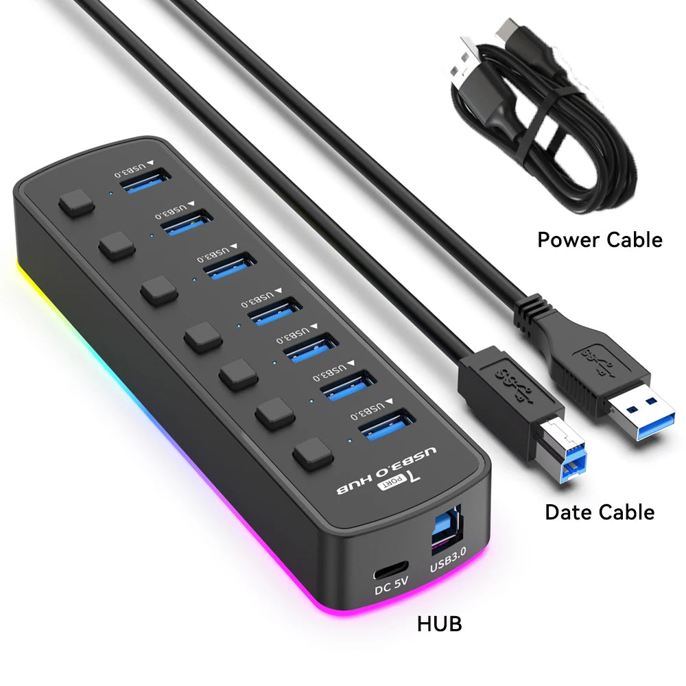 7 Ports USB 3.0 Hub 5Gbps High Speed USB Splitter Adapter Individual On/Off Switch For PC Computer Accessories SSD RGB USB Hub