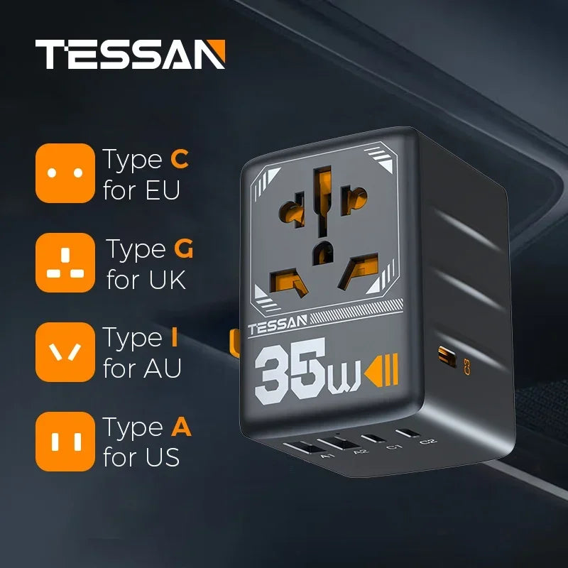 TESSAN 65W GaN International Plug Travel Adapter with USB Type C Worldwide Universal Power Adapter EU/UK/USA/AUS Plug for Travel