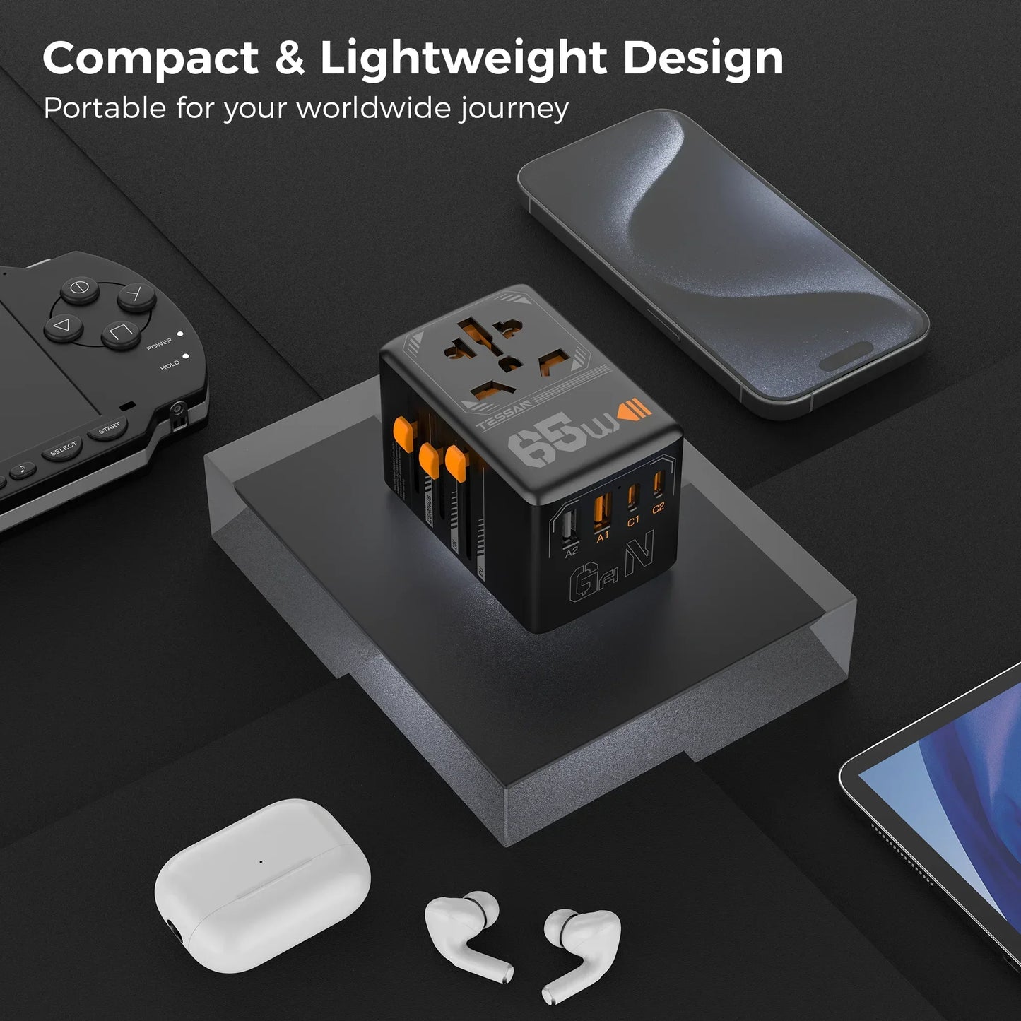 TESSAN 65W GaN International Plug Travel Adapter with USB Type C Worldwide Universal Power Adapter EU/UK/USA/AUS Plug for Travel