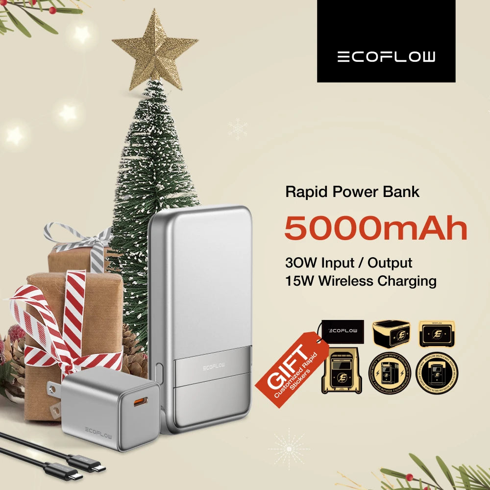 ECOFLOW Rapid Power Bank Wireless 5000mAh, Qi2 Certified Ultra-Fast Magnetic Portable Charger with Stand & Built-in USB-C Cables