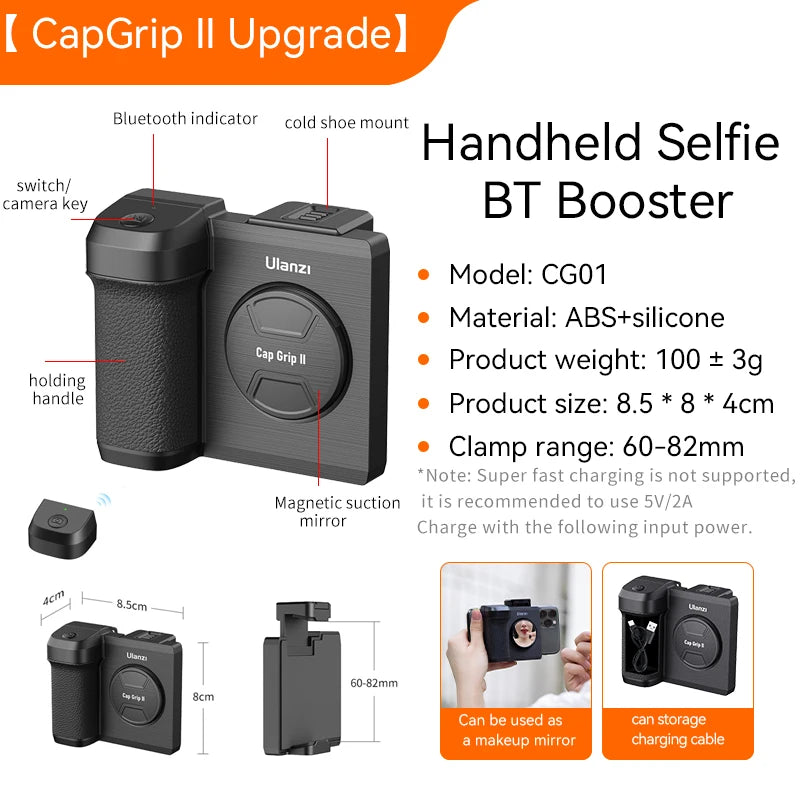 Ulanzi CapGrip II Smartphone Handheld Selfie Booster Hand grip Bluetooth Remote Control Phone Shutter for iPhone Android Phone