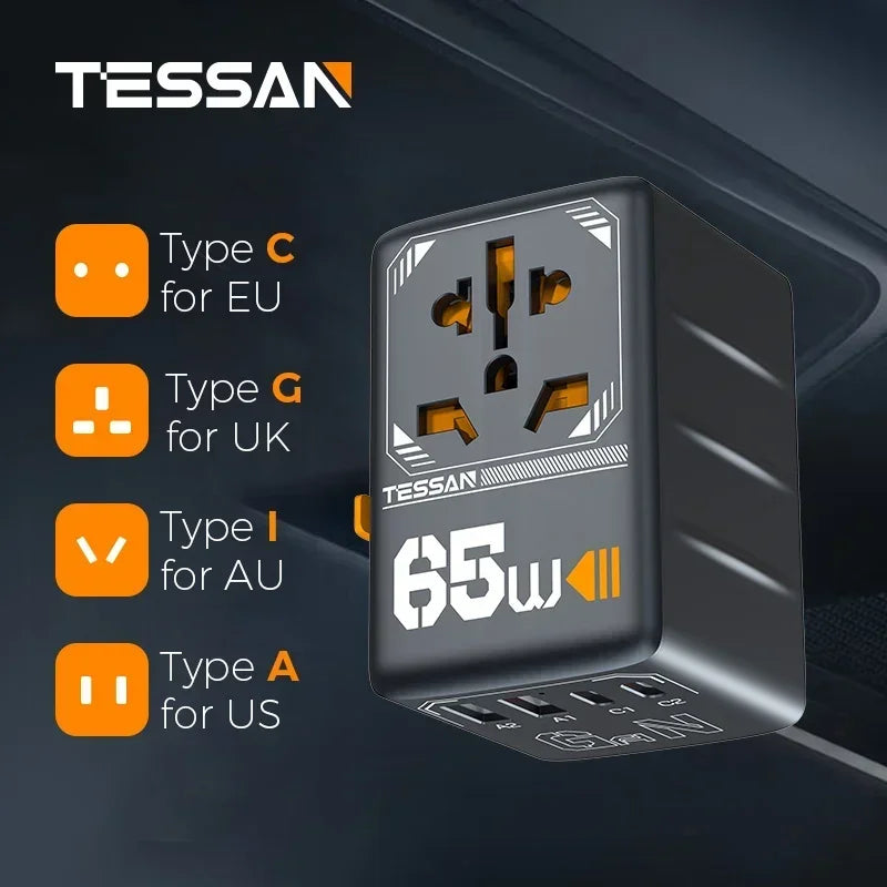 TESSAN 65W GaN International Plug Travel Adapter with USB Type C Worldwide Universal Power Adapter EU/UK/USA/AUS Plug for Travel