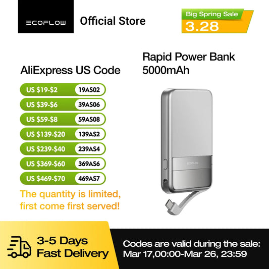 ECOFLOW Rapid Power Bank Wireless 5000mAh, Qi2 Certified Ultra-Fast Magnetic Portable Charger with Stand & Built-in USB-C Cables